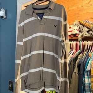 American Eagle Outfitters Brown and White Striped Polo